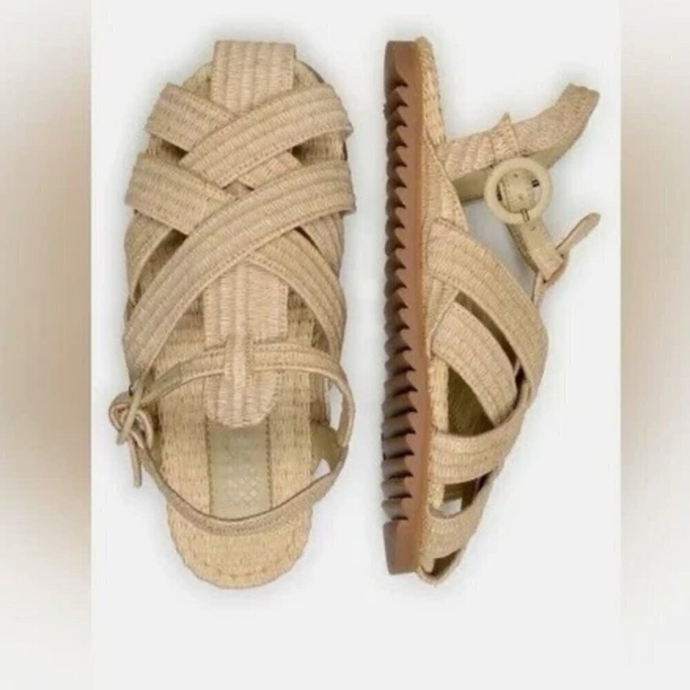 Farm Rio Sandals Raffia Zigzag Fisherman Flats Sandal Shoes Tan NWT New Size 6.5